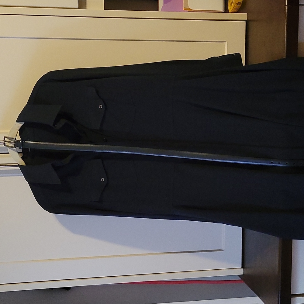 Elie Tahari navy shirtdress with handkerchief hem